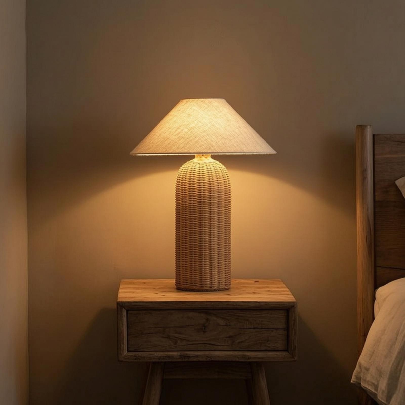 Desk Setup Lamp - Bedside Lamp Rattan Base Fabric Shade